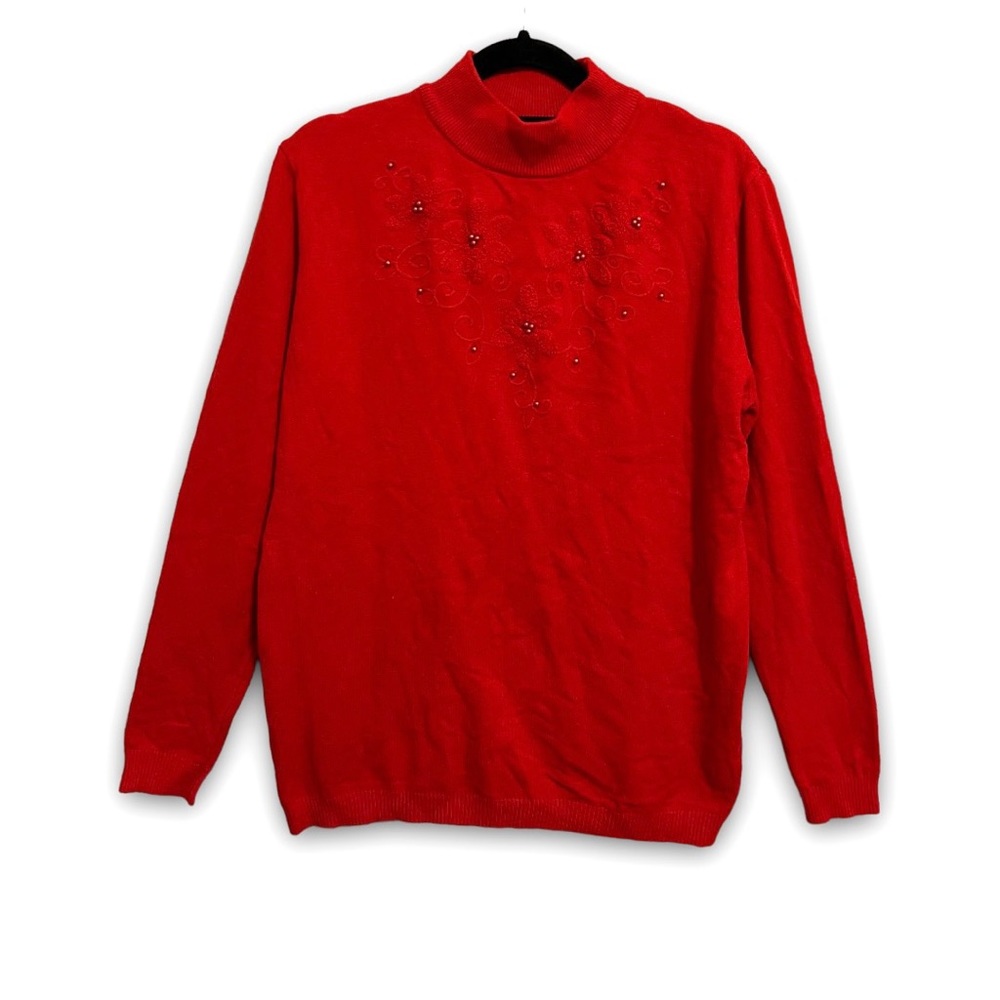 Victoria Mock Neck Sweater Floral Embroidered Beaded Red Sweater XL/XXL